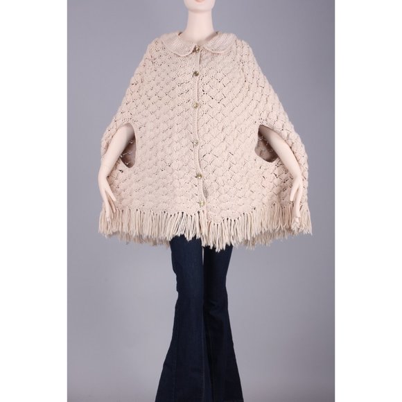 Vintage 60s Crochet Sweater Knit Fringe Poncho - Picture 4 of 6